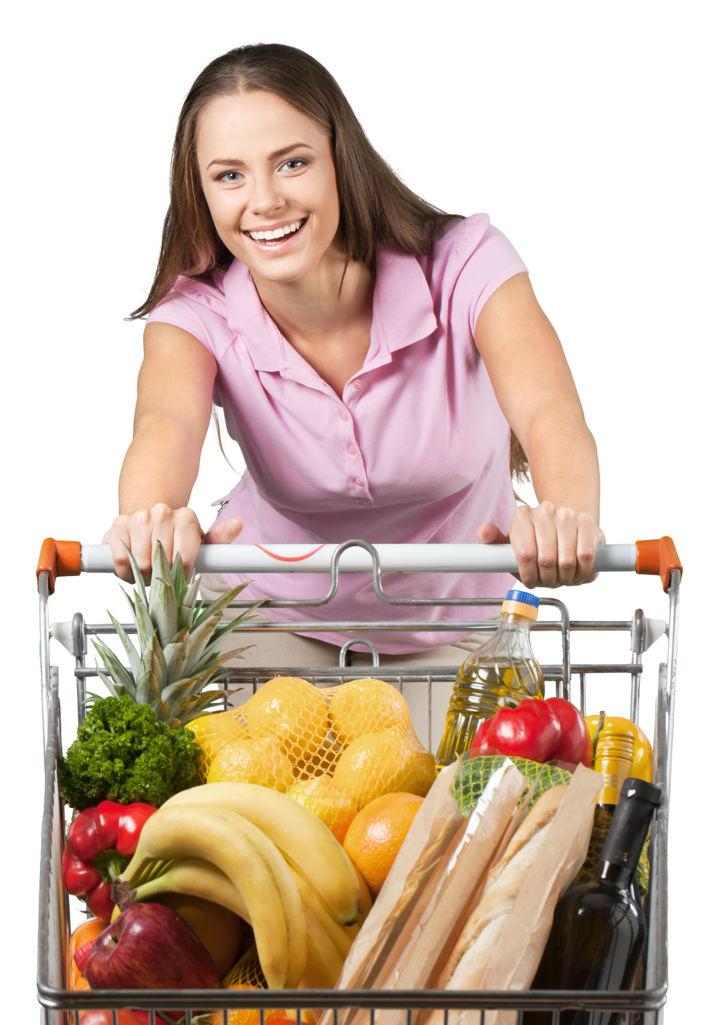 Woman Pushing a Shopping Cart Full of Groceries